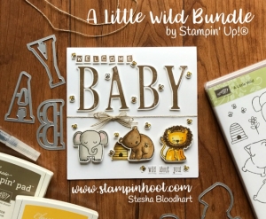 Stampin' Up! A Little Wild Bundle Welcome Baby Card for Kylie Bertucci's International Blog Highlights. Large Letters Framelits Dies and Letters for You Stamp Set, Find Info at Stampin' Hoot! Stesha Bloodhart #alittlewild #babycard #kylie #stesha #papercrafts
