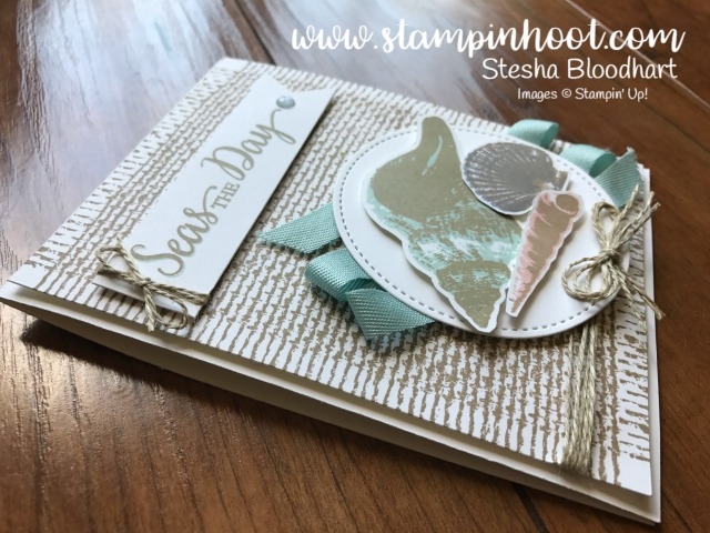 Stampin' Up! All New So Many Shells and Burlap Background Stamps, Paired together they make a beautiful Seas the Day Card. See More on my Blog, Stampin' Hoot! Stesha Bloodhart #stampinup #shells #handmadecards #steshabloodhart
