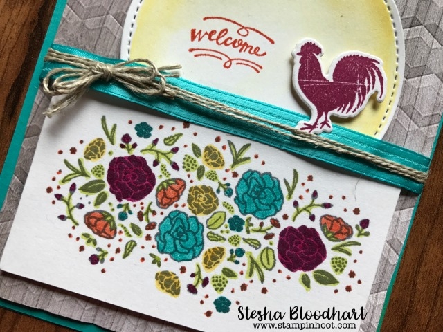 Stampin' Up Wood Words Bundle and Wood Textures Suite for Fab Friday 116 Color Challenge. Card created by Stesha Bloodhart at Stampin' Hoot! #fabfriday116 #woodwords #woodtextures #card #papercraft #rooster #sun #handmade #stampinup #steshabloodhart #stamps #ink #dies #markers #coloring #ribbon #linenthread 