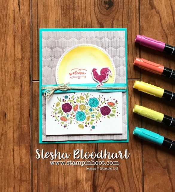Stampin' Up Wood Words Bundle and Wood Textures Suite for Fab Friday 116 Color Challenge. Card created by Stesha Bloodhart at Stampin' Hoot! #fabfriday116 #woodwords #woodtextures #card #papercraft #rooster #sun #handmade #stampinup #steshabloodhart #stamps #ink #dies #markers #coloring #ribbon #linenthread 