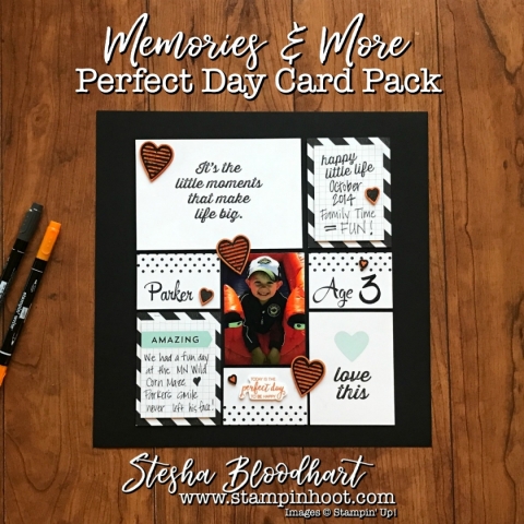 Perfect Day Card Packs make for Quick and Easy Scrapbook Pages. Visit Stampin' Hoot Scrapbook Sunday Feature for Details. Stesha Bloodhart #pocketsandpages #memoriesandmore #scrapbooklayout #scrapbooking #perfectday #12by12