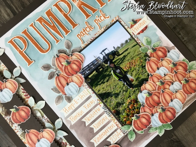 Painted Autumn Designer Series Paper for a Pumpkin Patch Scrapbook Page, details and daily inspiration at Stampin' Hoot! Stesha Bloodhart #scrapbook #scrapbooklayout #paintedautumndsp #fall #pumpkins #stampinup #stampinhoot #papercrafts