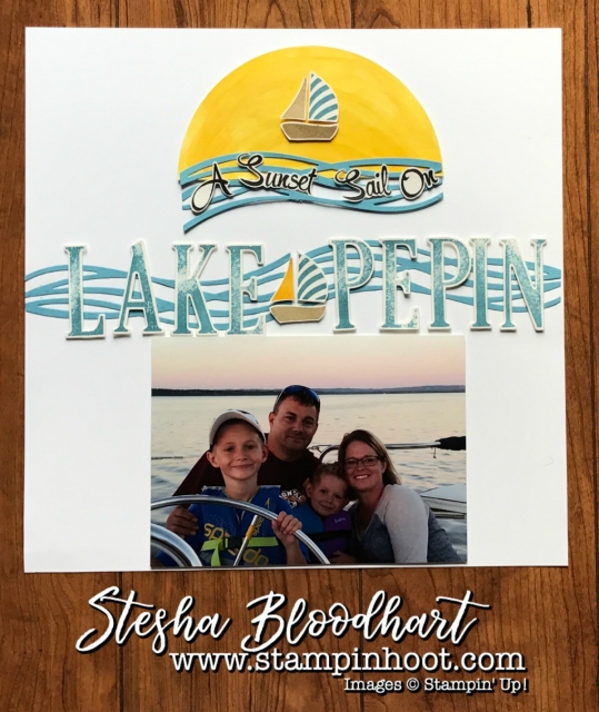 A Swirly Bird Sail Scrapbook Page made with Stampin' Up! Products. See details on my blog. Stesha Bloodhart, Stampin' Hoot! #scrapbooklayout #scrapbooking #scrapbookpages #stampinup #stampinhoot #adventure #sailing #lifeonthewater #lakepepin #wisconsinlife