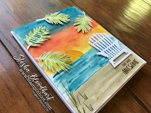 A Watercolor Beach Scene and Adirondack Chair from Seasonal Layers Thinlits Dies by Stampin' Up for Kylie's Top Ten July Winners Blog Hop. See details at Stampin' Hoot! Stesha Bloodhart #bloghop #adirondack #beach #watercolor #cards #thankyou #gratitude #stampinup #kyliebertucci #steshabloodhart 