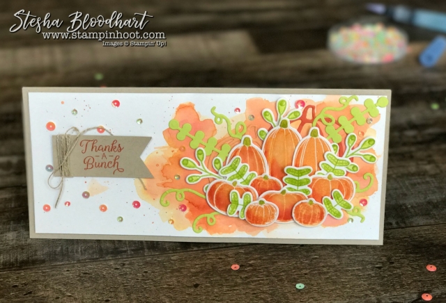 Pick A Pumpkin Bundle by Stampin' Up! Played Perfectly with Global Design Project 105 Color Challange Peekaboo Peach, Tangerine Tango and Lemon Lime Twist #GDP105 #pickapumpkin #stampinup #thankyoucard #cardmaking #pumpkincard