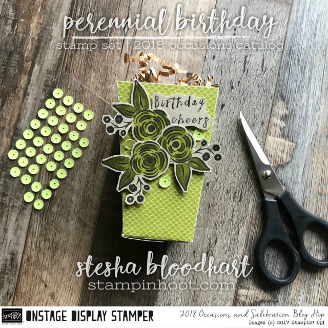 Perennial Birthday Stamp Set from the 2018 Occasions Catalog for the Display Stampers Blog Hop. Popcorn Box Created by Stesha Bloodhart, Stampin' Hoot! #steshabloodhart #stampinhoot