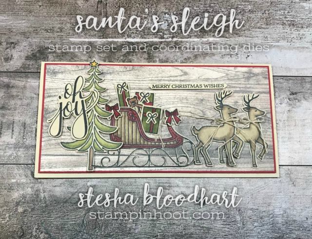 Santa's Sleigh Photopolymer Stamp Set and Coordinating Framelits for Global Design Project 115 Theme Challenge, Christmas Joy. Card created by Stesha Bloodhart, Stampin' Hoot! #gdp115 #steshabloodhart #stampinhoot #santassleigh