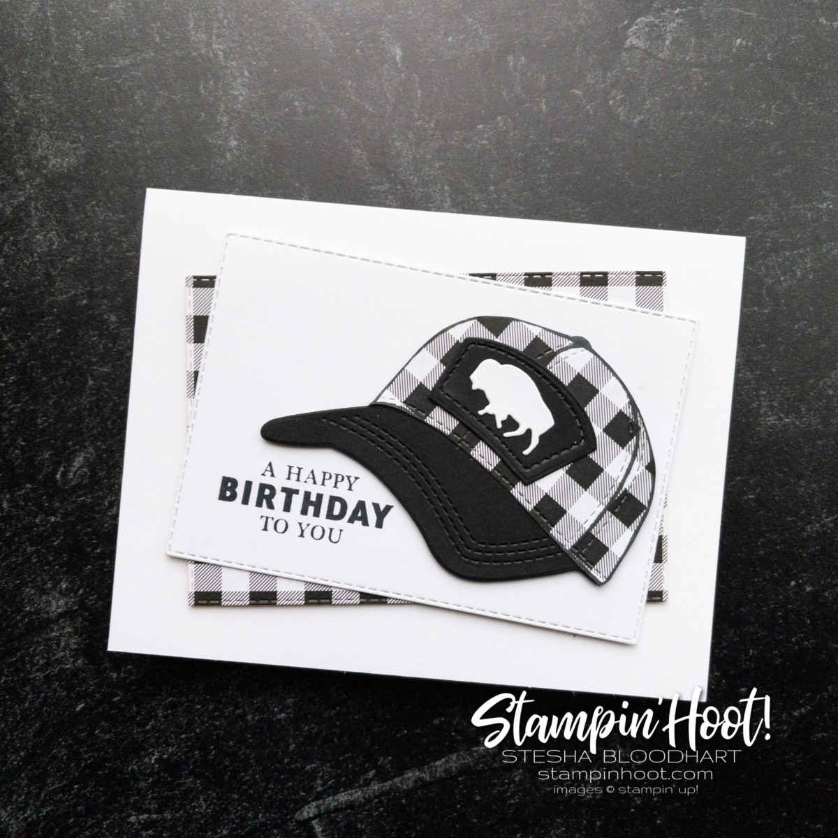 Create a masculine birthday card using the Hat Builder Dies and Pattern Party DSP. Stesha Bloodhart, Stampin' Hoot!