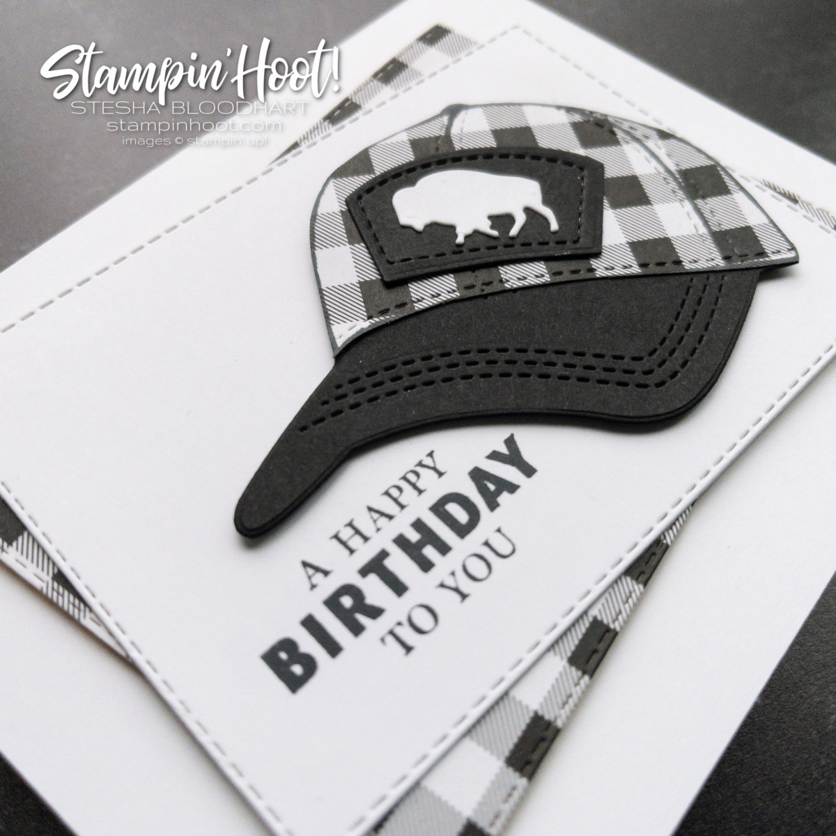 Create this masculine birthday card using the Hat Builder Dies and Pattern Party DSP Stesha Bloodhart, Stampin' Hoot!