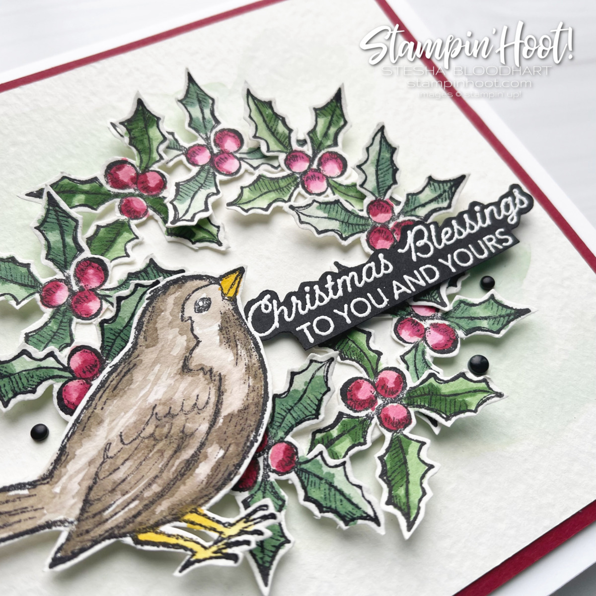 Create this card using the Happy Holly-Days Stamp Set by Stampin' Up! Retires January 3, 2022. GDP321 Garden Green, Mint Macaron, Cherry Cobbler