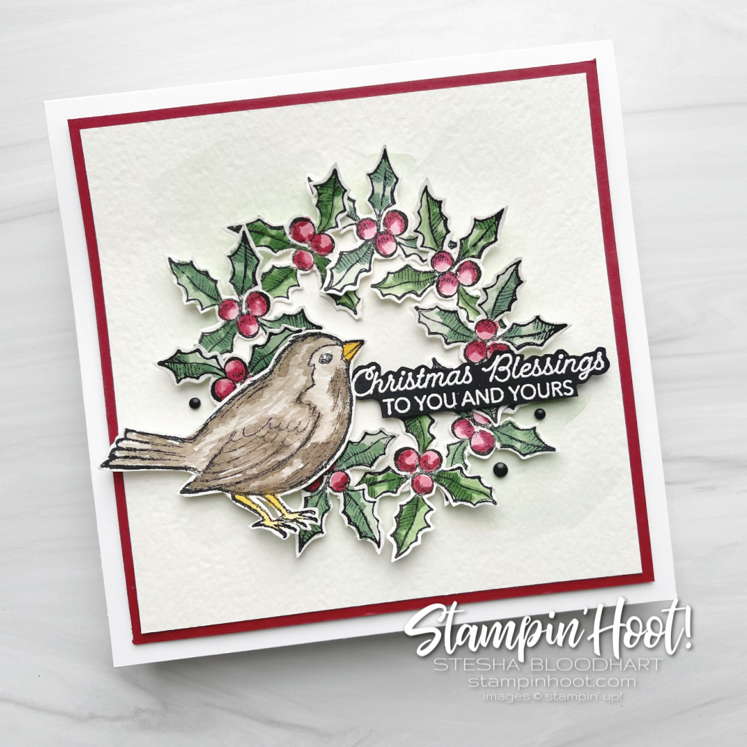 Create this card using the Happy Holly-Days Stamp Set by Stampin' Up! Retires January 3, 2022. GDP321 Garden Green, Mint Macaron, Cherry Cobbler! YUM