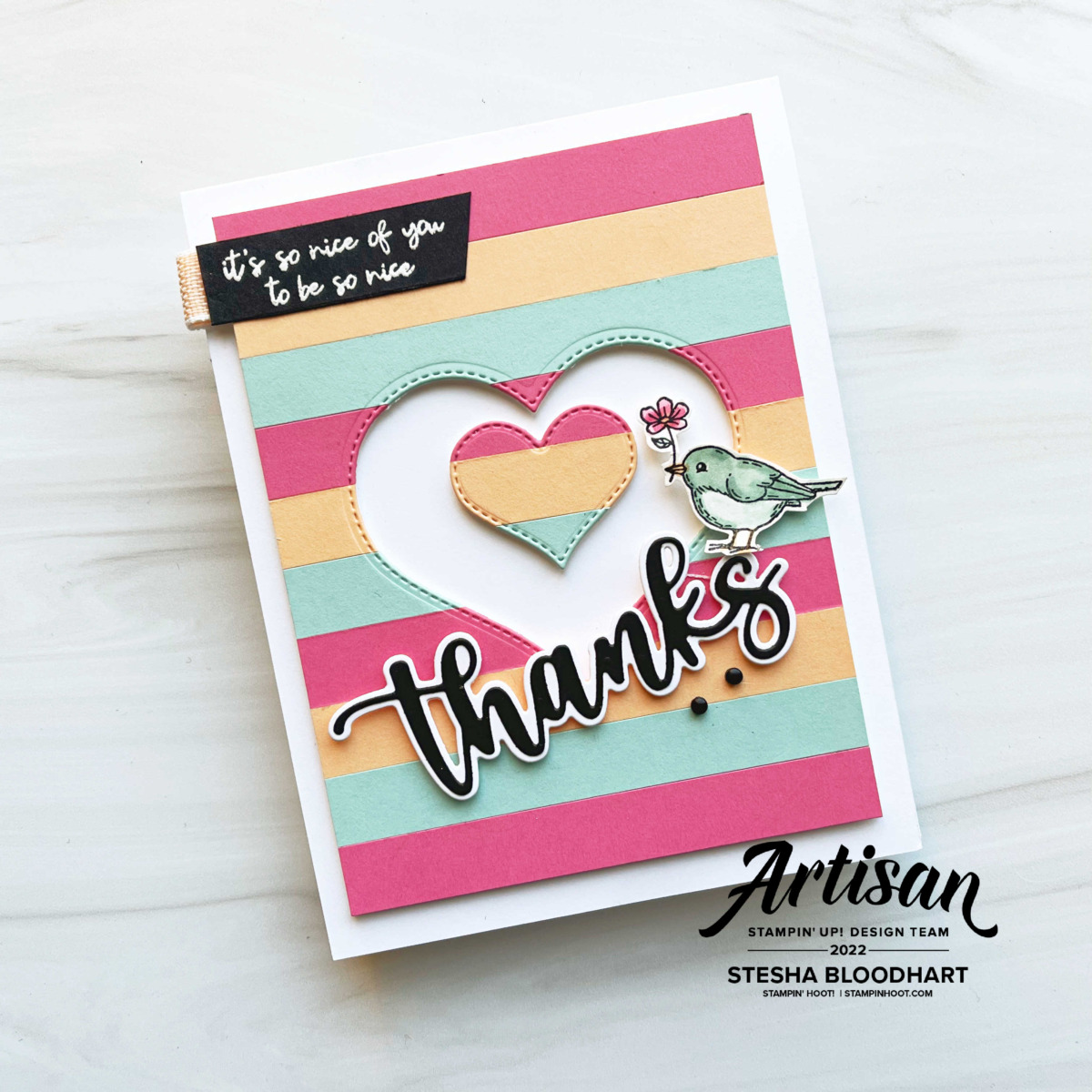 Create this thanks card using the Amazing Thanks Dies from Stampin' Up! Card by Stesha Bloodhart, Stampin' Hoot!
