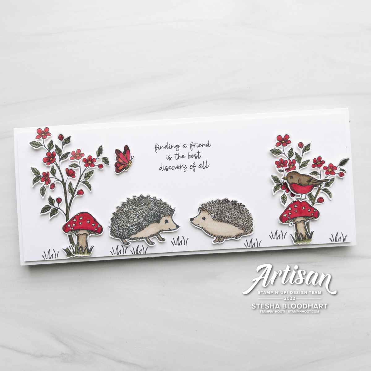 Create this slimline friend card using the Happy Hedgehogs Stamp Set by Stampin' Up! Card by Stesha Bloodhart, Stampin' Hoot!
