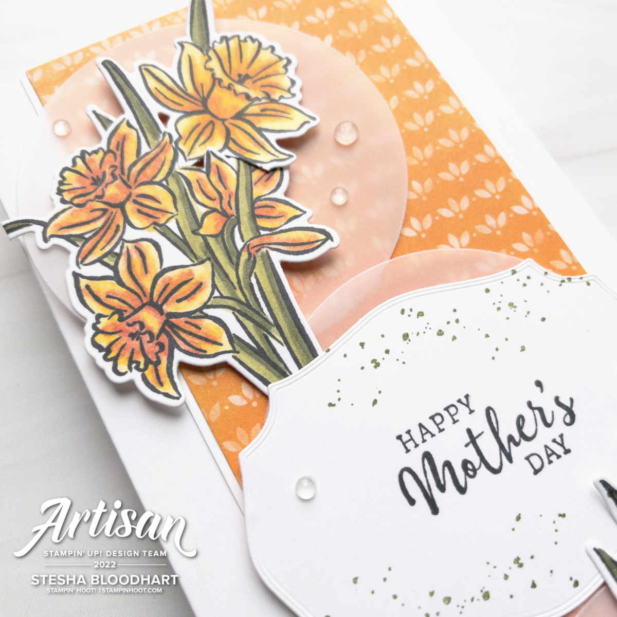 Create this slimline card using the Daffodil Daydream Bundle by Stampin' Up! Card by Stesha Bloodhart, Stampin' Hoot! Close Top