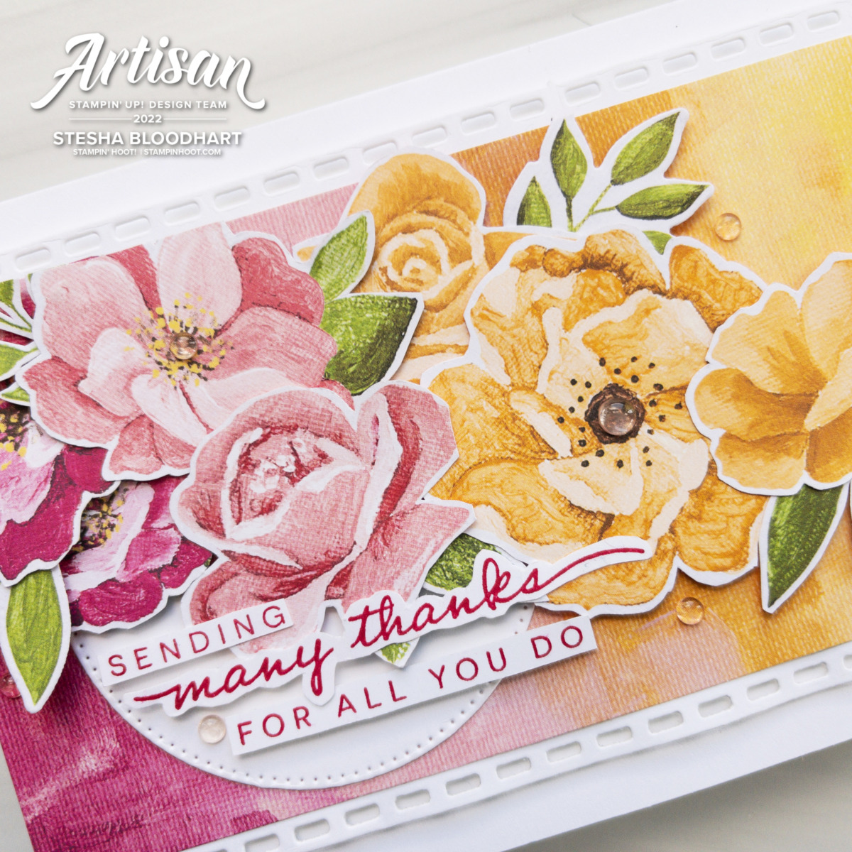 Create this Slimline Card using the Hues of Happiness Bundle from Stampin' Up! #GDP338 Stesha Bloodhart Stampin' Hoot! Closeup