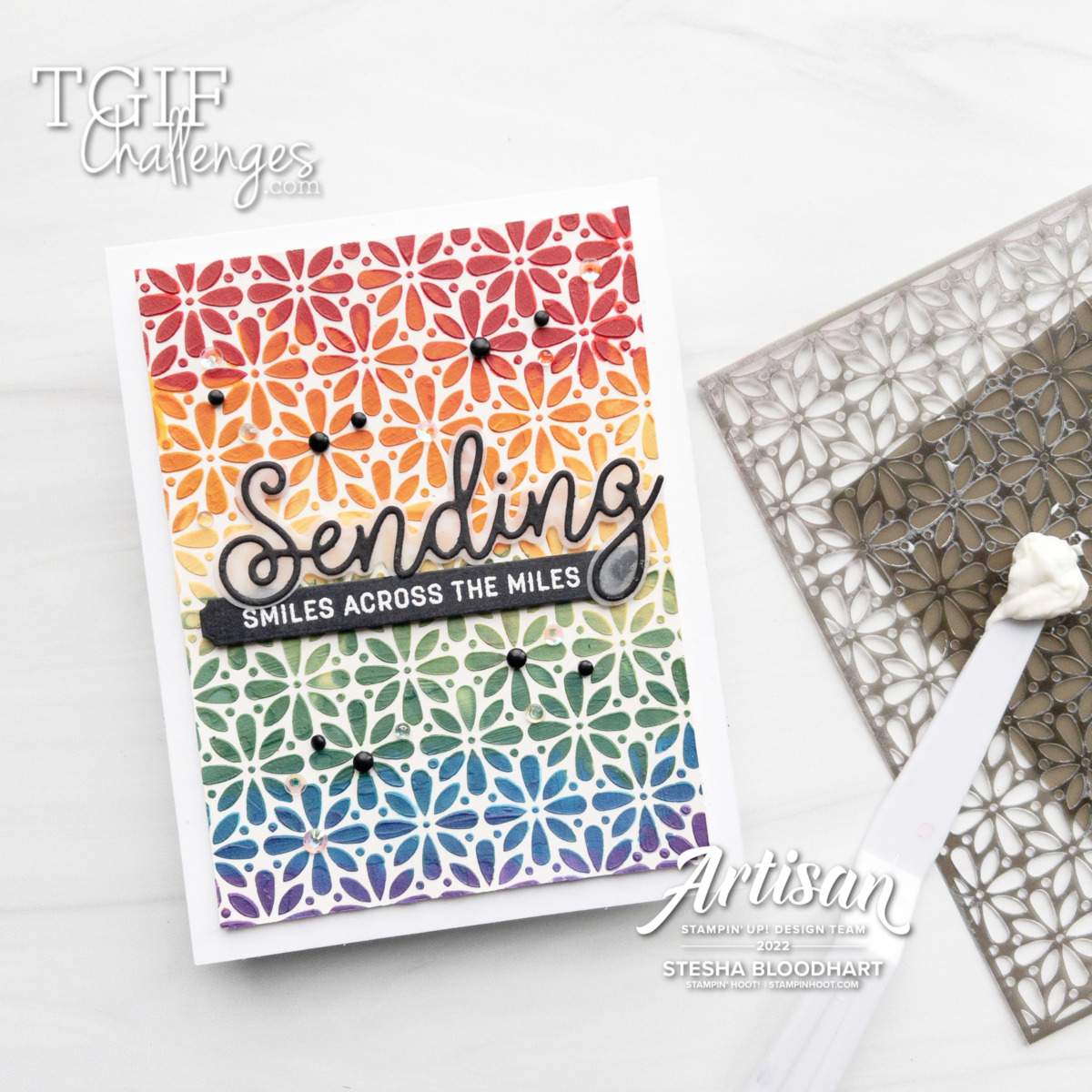 Create this rainbow card using Embossing Paste and the Butterflies & Flowers Layering Masks by Stampin' Up! TGIFC364 Stesha Bloodhart, Stampin' Hoot