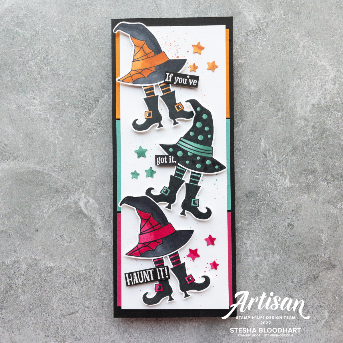 Create this Slimline Halloween Card with the Bewitching Bundle from Stampin' Up! Card by Stesha Bloodhart, Stampin' Hoot! #tgifc380