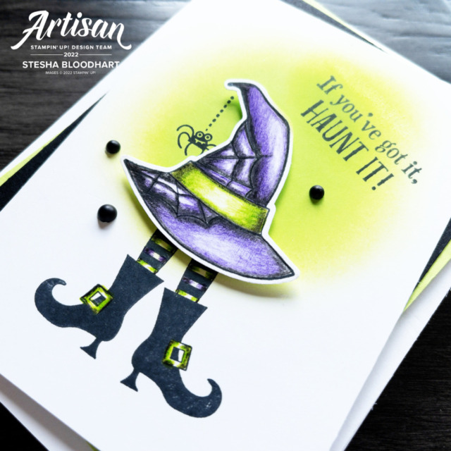 Create this  Witch Hat Halloween card using the Bewitching Bundle and the Best Witches Stamp Set. Card by Stesha Bloodhart, Stampin' Hoot! GDP363 Spooky Theme