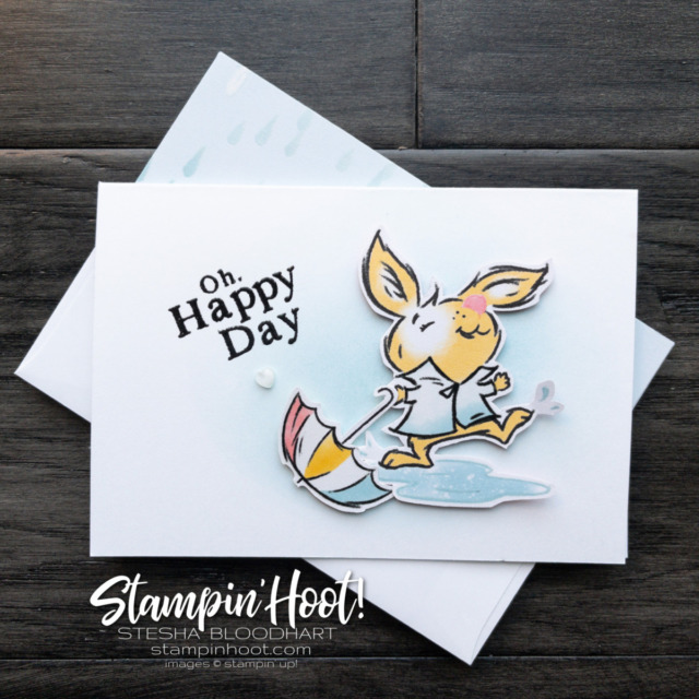 Create a cute note card for a rainy day random act of kindness. Created with the Rain or Shine Suite Collection From Stampin' Up! Stesha Bloodhart, Stampin' Hoot!