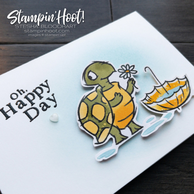 Create a cute turtle note card for a rainy day random act of kindness. Created with the Rain or Shine Suite Collection From Stampin' Up! Stesha Bloodhart, Stampin' Hoot!